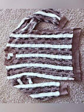 Vintage Brittony Brand Made in USA Brown & Cream Striped Chunky Knit Sweater